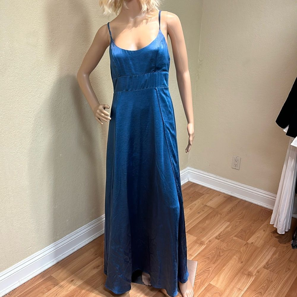 Hello Molly woman’s blue empire waist satin maxi dress gown size 6